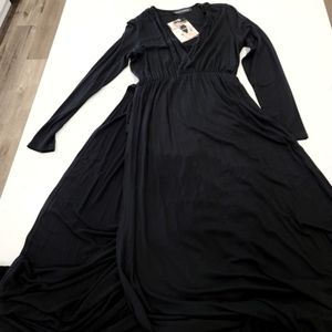 Black v neck high double slit dress